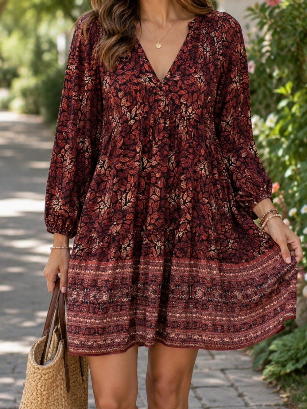 NWT APRICOT Black Burgundy Leaf Print Boho Dress Peasant Sleeve Mini Shift Dress